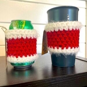 $15 SALE Handmade Koozies 2-pack Reusable Fuzzy Red & White Can Cup Crochet